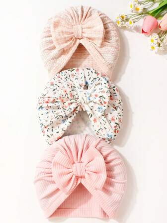 3pcs Bow-Knot Baby Hats, Lovely Girls Hats Suitable For Daily Use 0-2 Years Old