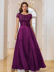 MIUSOL Sequin Floral Lace Colorblock Satin Ruffle Hem Formal Party Maxi Dress - Maroon - View 7