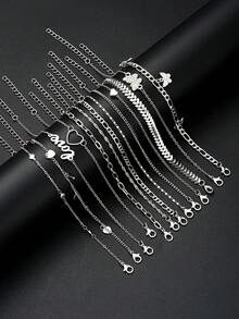 13 Pcs/Set Boho Style Love, Heart, Butterfly, Rhinestone, Airplane Charm Chain Anklet Set, Suitable For Women As Summer Beach/Party/Date/Daily Wear Gift - Silver - View 4