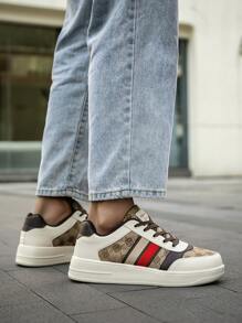 Men's Fashion Striped Floral Letter Patchwork Lace-Up Flat Sneakers, Outdoor Casual Athletic Shoes For Youths