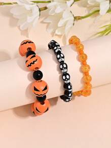 3pcs Gothic Goth Horror Blood Hand Skull Pumpkin Spider Print Wooden Bead Bracelet, Punk Style Elastic Wrist Strap, Unisex, Suitable For Halloween Party Holiday Gift