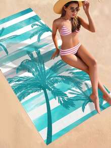 1pc Coconut Tree Pattern Beach Towel, Minimalist Style Superfine Fiber Rectangular Bath Towel Ideal For Bathroom Beach - Baby Blue - View 1