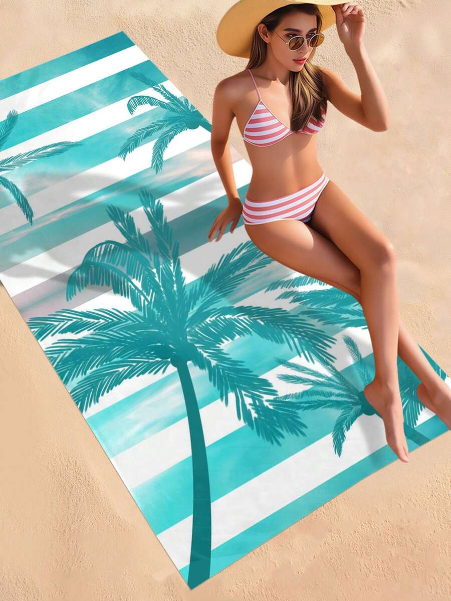 1pc Coconut Tree Pattern Beach Towel, Minimalist Style Superfine Fiber Rectangular Bath Towel Ideal For Bathroom Beach - Baby Blue - View 1