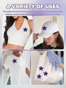 6 件紫色闪亮星星图案布贴，卡通风格刺绣缝制贴花，DIY 工艺品适用于衣服、鞋子、帽子、包包等。