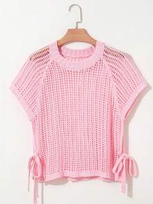 Women's Hollow Out Crochet Side Tie Short Sleeve Sweater, Summer - Pink - View 6