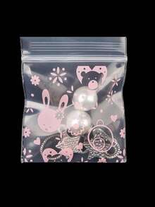 100个粉色兔子图案自封袋，小型塑料拉链袋，便携包装，适合存放零食、卡片、珠宝和其他小物件，适合男孩女孩日常使用（图片随机裁剪）