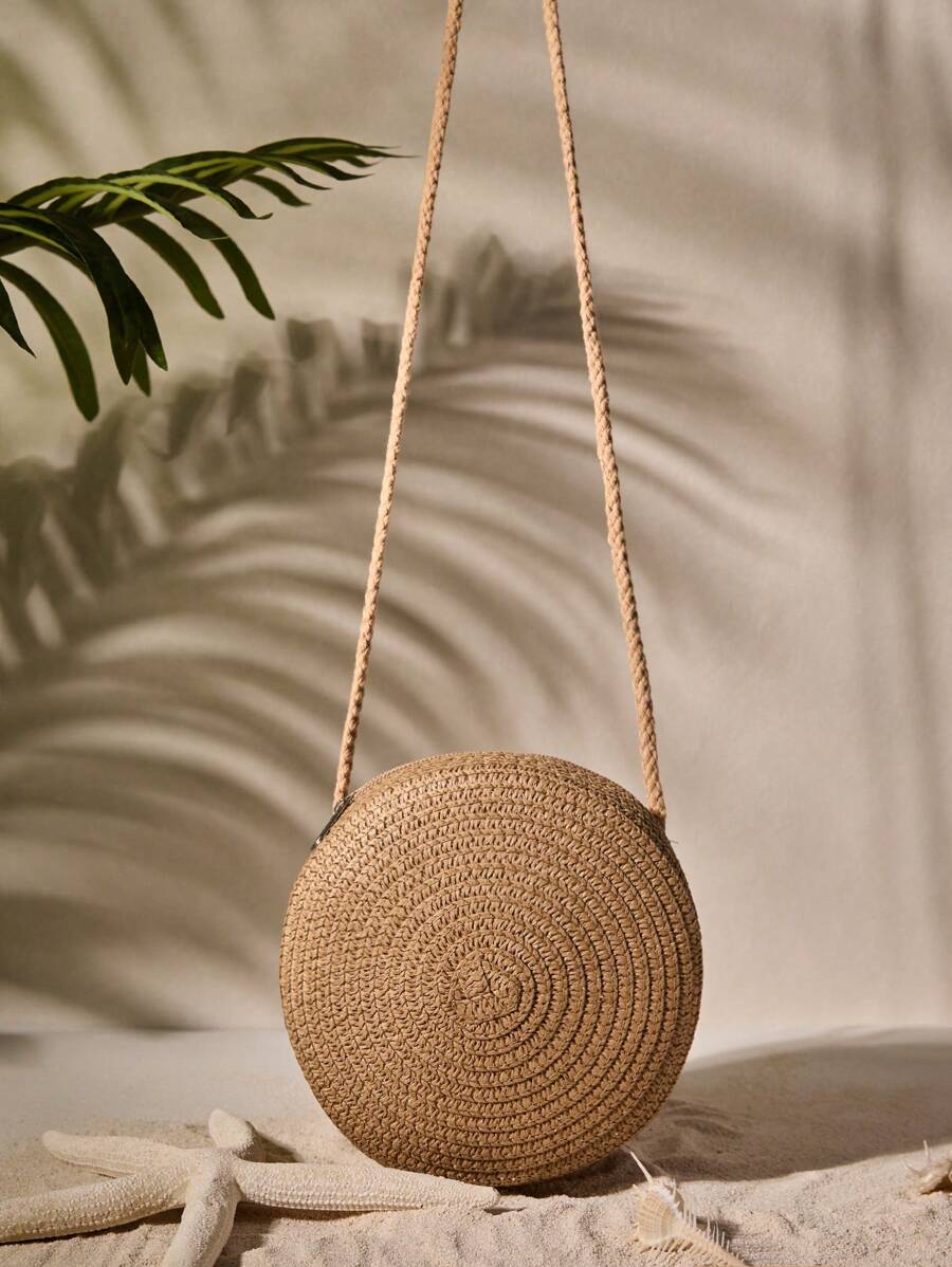 Tropiscape Bolso pequeño y minimalista de paja, Bolso pequeño redondo de paja trenzado, Bolso cruzado pequeño de paja trenzada,Bolso de verano de mujer (16 x 16 cm),Bolso cruzado pequeño redondo trenzado de paja, Bolso de círculo trenzado de moda, Bolso de verano para viajes, Bolso esencial de verano, Bolso de playa para mujeres para vacaciones y vacaciones, Vibraciones de vacaciones, Vacaciones Relax Playa