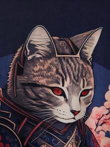 Japanese Style Unique Vintage Cat Samurai Print Kimono Jacket Cover Up, Lightweight Loose Fit Plus Size Beach Cover Up, Summer