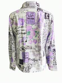Vintage Graphic Print Collared Shirt, Elegant Long Sleeve Blouse, Women Top - Blue - View 5