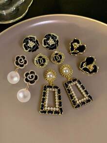 5 件/套时尚简约几何水钻字母郁金香花黑色扇形仿珍珠耳环首饰套装，适合女性日常和节日佩戴 - 套裝G款 - 查看 1