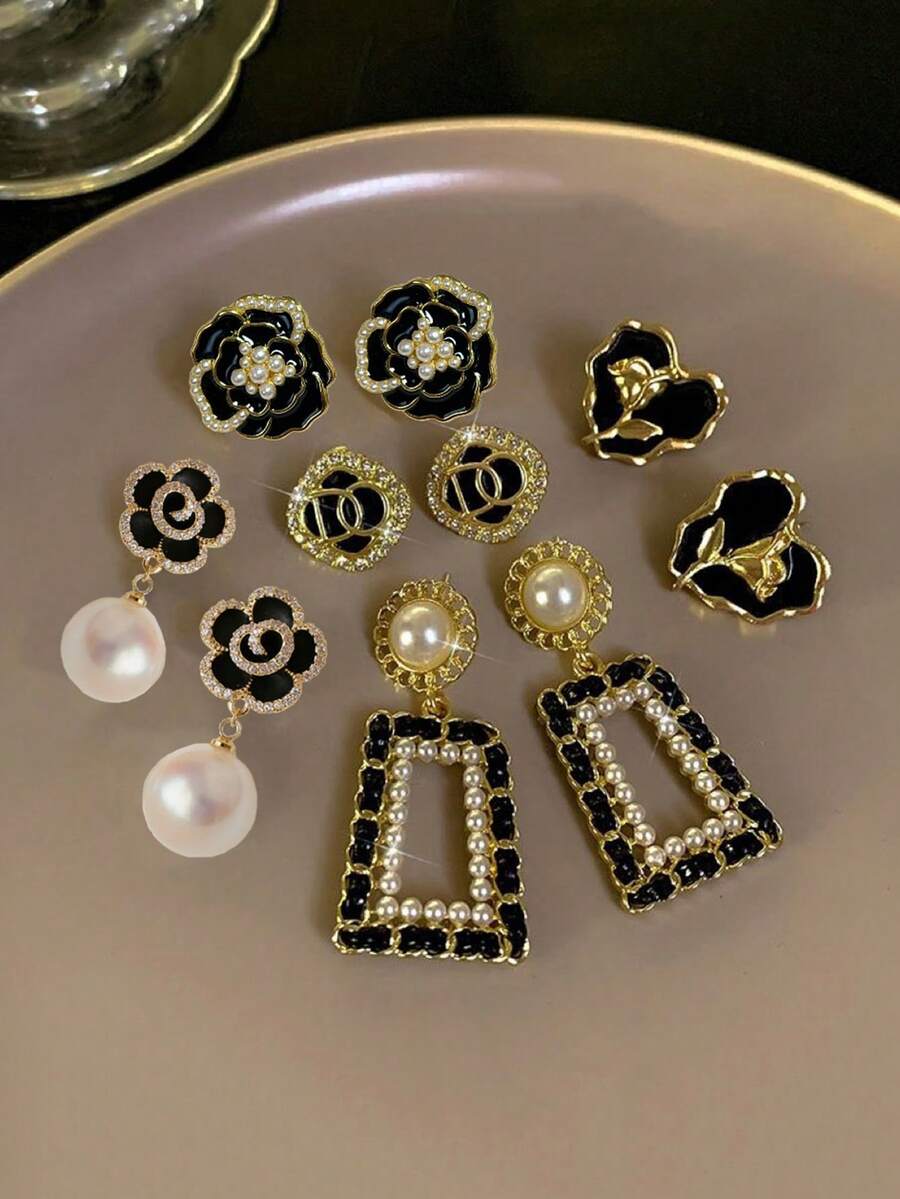 5 件/套时尚简约几何水钻字母郁金香花黑色扇形仿珍珠耳环首饰套装，适合女性日常和节日佩戴 - 套裝G款 - 查看 1