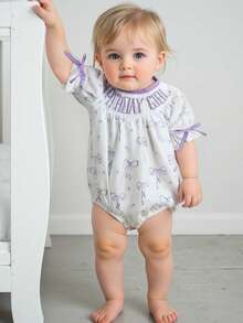 Baby Girls Rompers Letter Embroidery Bow Print Round Neck Short Sleeve Infant Bodysuits Jumpsuits - Purple - View 5