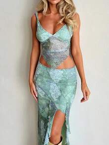 Women Two Piece Bodycon Skirts Set Sleeveless V Neck Open Back Tie Floral Cami Top Vest + High Split Ruffled Long Skirt Outfit - màu xanh lá - Xem 5