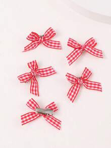5pcs Gingham Bow Small Hair Clips, Fresh Style Mini Duck Clips For Girls - Red - View 2