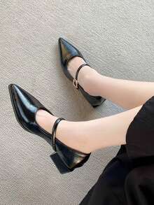 法式尖头玛丽珍黑色高跟鞋，舒适方头系带装饰，2025 年春夏新品，百搭粗跟正装高跟鞋 - 黑色 - 查看 7