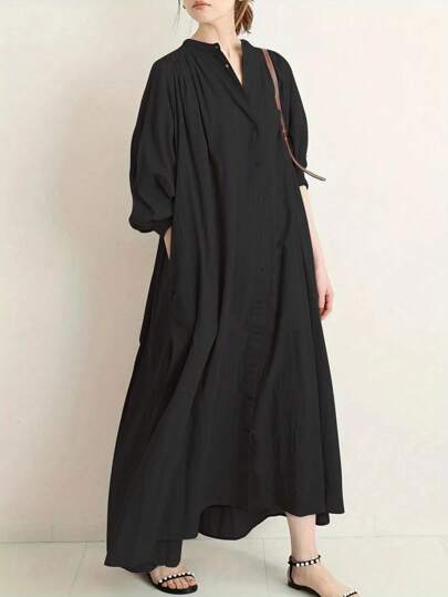 Damen Große Größen Einfarbiges minimalistisches Lässig Hemd, elegantes langes Hemd, halbtransparentes Fließendes Kleid mit Rundhalsausschnitt und Langarm, geeignet für Frühling, Sommer, Herbst und Winter