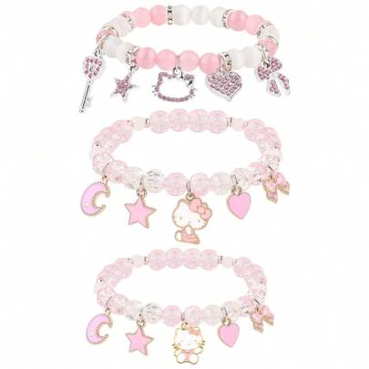 Sanrio Sanrio 1 Pc Hello Kitty Cute Kitty Bracelet Stuff Kawaii Set Crystal Bead Elastic Friendship Bracelets Birthday Christmas Jewelry Gifts For Girl Girlfriend Best Friend Sister