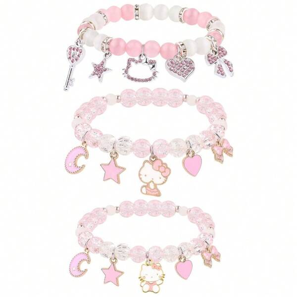 Sanrio 1 pièce Sanrio Hello chat Mignon Bracelet Ensemble Kawaii Perle de Cristal Bracelet Élastique Amitié Cadeaux d'Anniversaire Noël Bijoux pour Fille Petite Amie Meilleure Amie Sœur