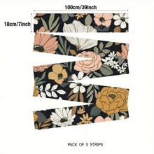 Autocolante detașabile pentru stâlpi de scară, 7 x 39 inch, pachet de 5 autocolante florale închise la culoare, autocolante impermeabile pentru mobilă, tapet autocolant, autocolante din vinil PVC, tapet cu model floral în stil boem, decor de perete, decor cameră, tapet, autocolante de perete, autocolant de perete