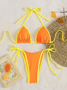 Women's Contrast Color Sexy Bandeau Bikini Set, Vacation Beach Swimsuit