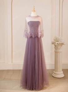 Elegante e raffinato abito da sera/abito in stile derby con sovrapposizione in rete viola, con scialle in pizzo, vestito formale, da cocktail, abito da sera, per invitati a matrimoni