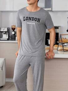 Conjunto de pijama casual de cuello redondo ligero para hombres, camisa de manga corta con estampado de letras y pantalones, ropa de casa cómoda, primavera/verano