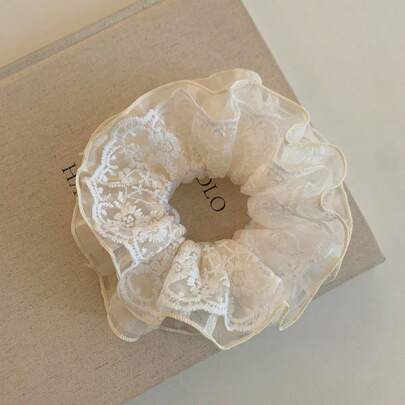 1pc Women's Unique French Beige Lace Hollow Floral Scrunchie, Elegant & Versatile Hair Accessory For Everyday Wear Scrunchies Hair Ties Scrunchy Hair Ties