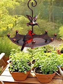 1个复古伞形金属喂鸟器 - 10英寸，户外悬挂式鸟浴盆兼食碗，喂鸟器，适用于户外花园、露台、后院，秋季装饰，花园装饰，喂鸟，吸引野生动物，生日、万圣节、感恩节、圣诞节装饰，送给爱鸟人士的礼物 - 彩色 - 查看 12