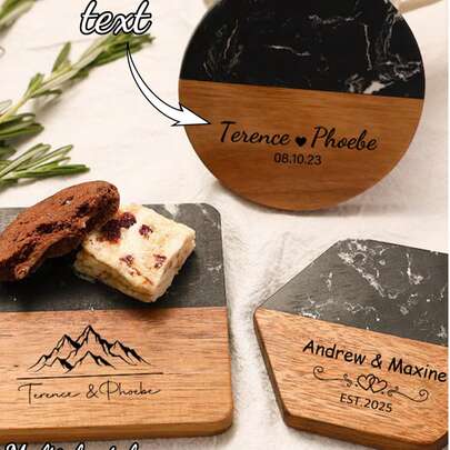 1pc Customized Text Marble & Wooden Coaster, Housewarming, Wedding, Anniversary, Engagement Personalized Gift