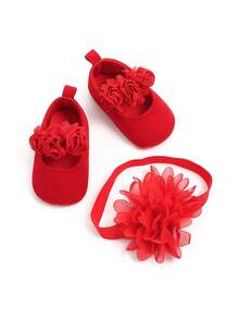 2pcs Infant Flower Infant Girls Soft Sole Princess Wedding Dress Mary Jane Flats Prewalker Newborn Light Infant Sneaker Shoes Headwear And Head Flower - Red - View 7
