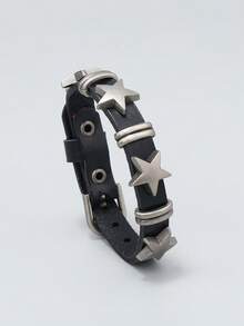 1pc Punk Style Metal Star Design Single Loop Leather Bracelet For Men - Black - View 1