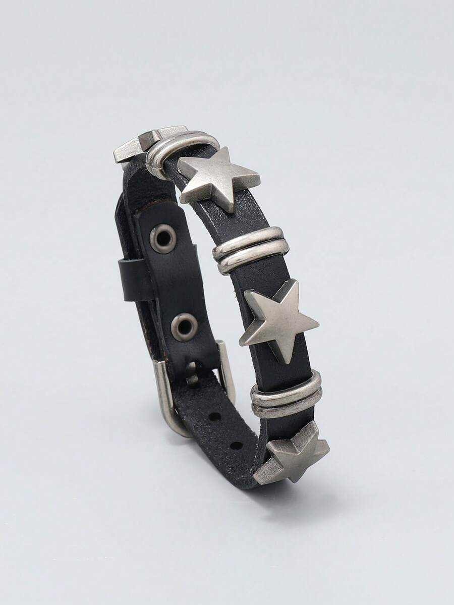 1pc Punk Style Metal Star Design Single Loop Leather Bracelet For Men - Black - View 1