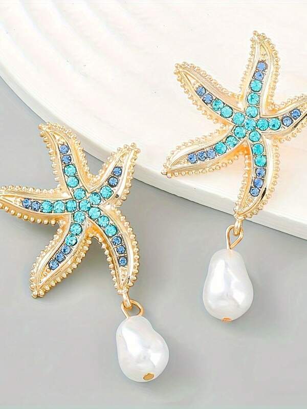 1 Pair Fashionable Summer Cool Ocean-Style Starfish & Asymmetrical Pearl Earrings, European & American Design, Suitable For Women Vacation Wear