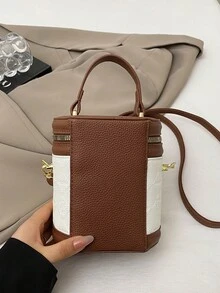 2024 New Red Contrast Color Handheld Cylinder Bag, Elegant Solid Color Mini Women Shoulder Crossbody Bag - Brown - View 4