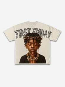 (220 Cotton T-Shirt Double-Sided Printing) Portrait And Letter Double-Sided Printing Men's Casual Soft 100% Cotton Full Splicing Round Neck Short Sleeved T-Shirt - Bej - Görünüm 1