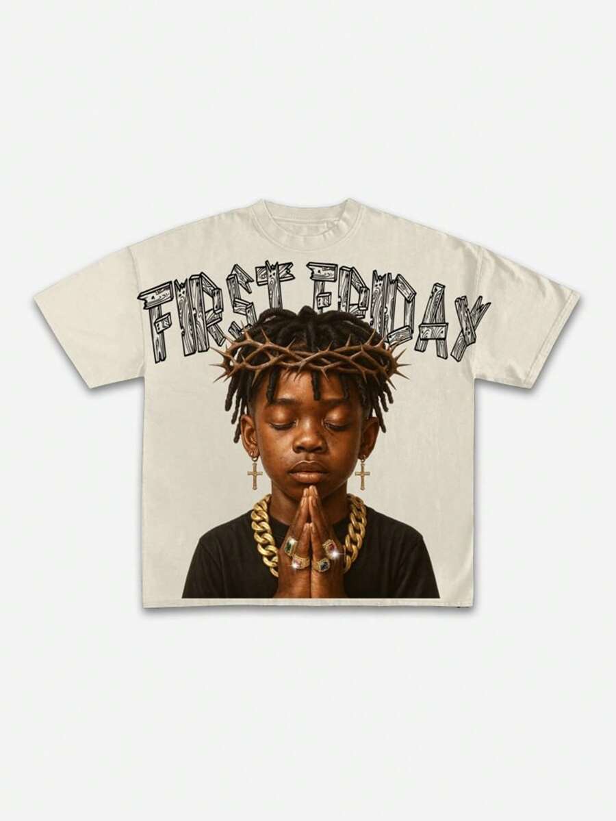 (220 Cotton T-Shirt Double-Sided Printing) Portrait And Letter Double-Sided Printing Men's Casual Soft 100% Cotton Full Splicing Round Neck Short Sleeved T-Shirt - Bej - Görünüm 1