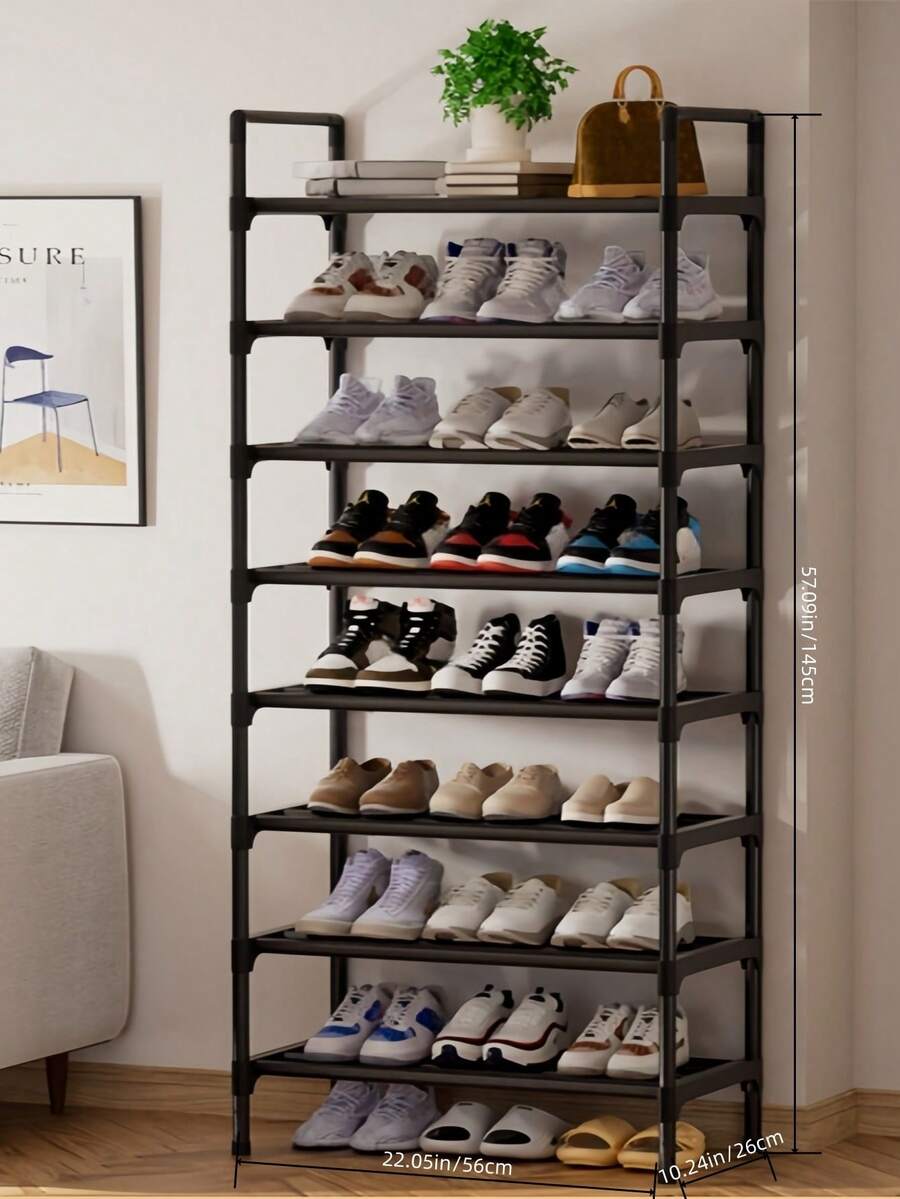 1pc 8-Tier Simple Black Metal Shoe Rack, Approx. 23 Inches Wide, Improves Space, Minimal Dust-Proof, Sturdy, Fashionable, Easy To Assemble And Disassemble, Portable, Suitable For Living Room, Bedroom, Entryway, Office, Home, Multi-Layer Storage, Holiday Gift, Children's Gift