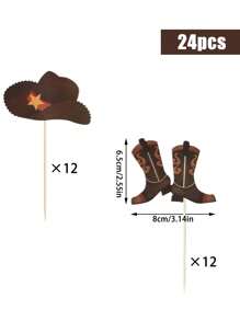 24 piezas - Toppers de magdalenas con sombrero y botas de vaquero o vaquera, decoraciones de tarta de cumpleaños con tema del oeste, insertos de magdalenas de rodeo, suministros de palillos para fiestas con tema del oeste o baby shower (color marrón)
