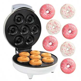 HONGMEI Máquina para hacer donas mini - Superficie antiadherente eléctrica que hace 7 donas pequeñas - Decora, glaseado y cubre tus propias donas como postre horneado para compartir - Actividad de cocina única para adultos, regalo fácil de hornear para el brunch para ella