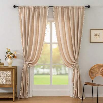1pc Linen Texture Fringe Edge American Style Curtain, Semi-Sheer Privacy Curtain For Bedroom Window Privacy Blocking, Living Room Sheer Drape