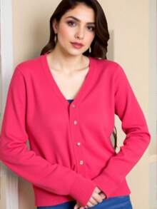 TRICOZHU COAT Cardigan Women's Cardigan Knitted Sweater Cold Weather Buttons Women's Winter Cardigan PLAIN - 珊瑚粉 - 查看 2