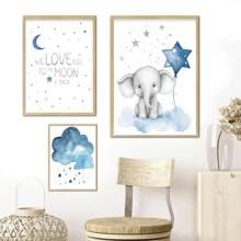 1 Stück Wandkunst Poster wahlweise mit Rahmen Dekor, Baby Mädchen Elefant Kinderzimmerdekoration - Baby Jungen Zimmer Dekorationen für Kinderzimmerwand, blaue Mond und Sterne Kinderzimmerkunstdrucke, süßes Elefantenposter Tierbild für Schlafzimmer