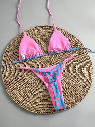 女式露背系带比基尼套装，带心形印花和丁字裤，休闲弹力泳装