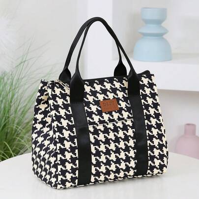 新品上市，厚尼龙印花手提袋，便携式午餐盒袋，带拉链封口的午餐袋，隔热衬里和内袋，适合野餐、工作午餐、日常收纳洗漱包旅行洗漱包洗漱旅行包化妆收纳海滩沙滩包度假必需品学校用品旅行必需品女士大学宿舍浴室女士学校包学校配件学校用品