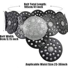 1 buc Curea circulară din PU pentru femei, curea din metal cu lanț, curea din piele strălucitoare, stil boem la modă, potrivită pentru uz zilnic, vara, școala, toamna, Halloween