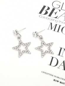 Rhinestone Star Drop Earrings - Silver - View 5