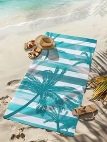1pc Coconut Tree Pattern Beach Towel, Minimalist Style Superfine Fiber Rectangular Bath Towel Ideal For Bathroom Beach - Baby Blue - View 7