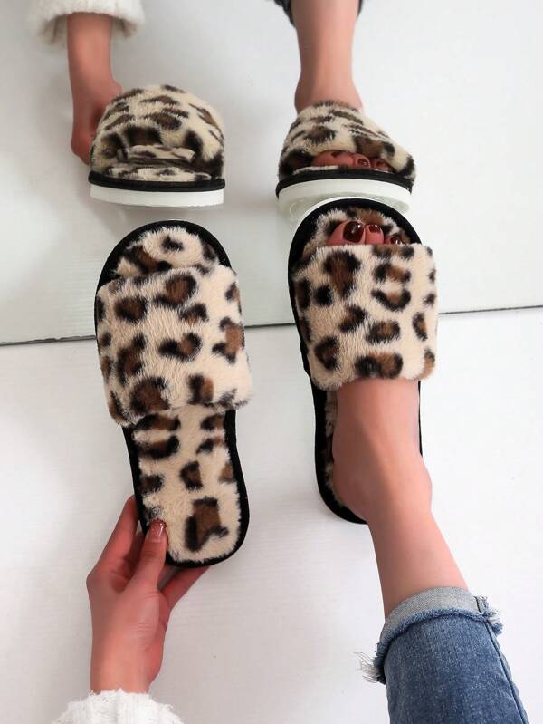Women's Fluffy Leopard Print Strap Open Toe Slippers, Comfortable & Lightweight House Slippers
