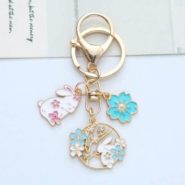 1pc Pink Cherry Blossom Rabbit Keychain, Cute Cartoon Japanese/Korean Style Sakura Rabbit Keyring, Feminine Pink Fresh Fashionable Bag/Car Key Chain Decoration, Gift For Her Car Accessories Bag Charm School Goth Y2k Bag Lanyards With Id Holder Car Accessories Bag Charms