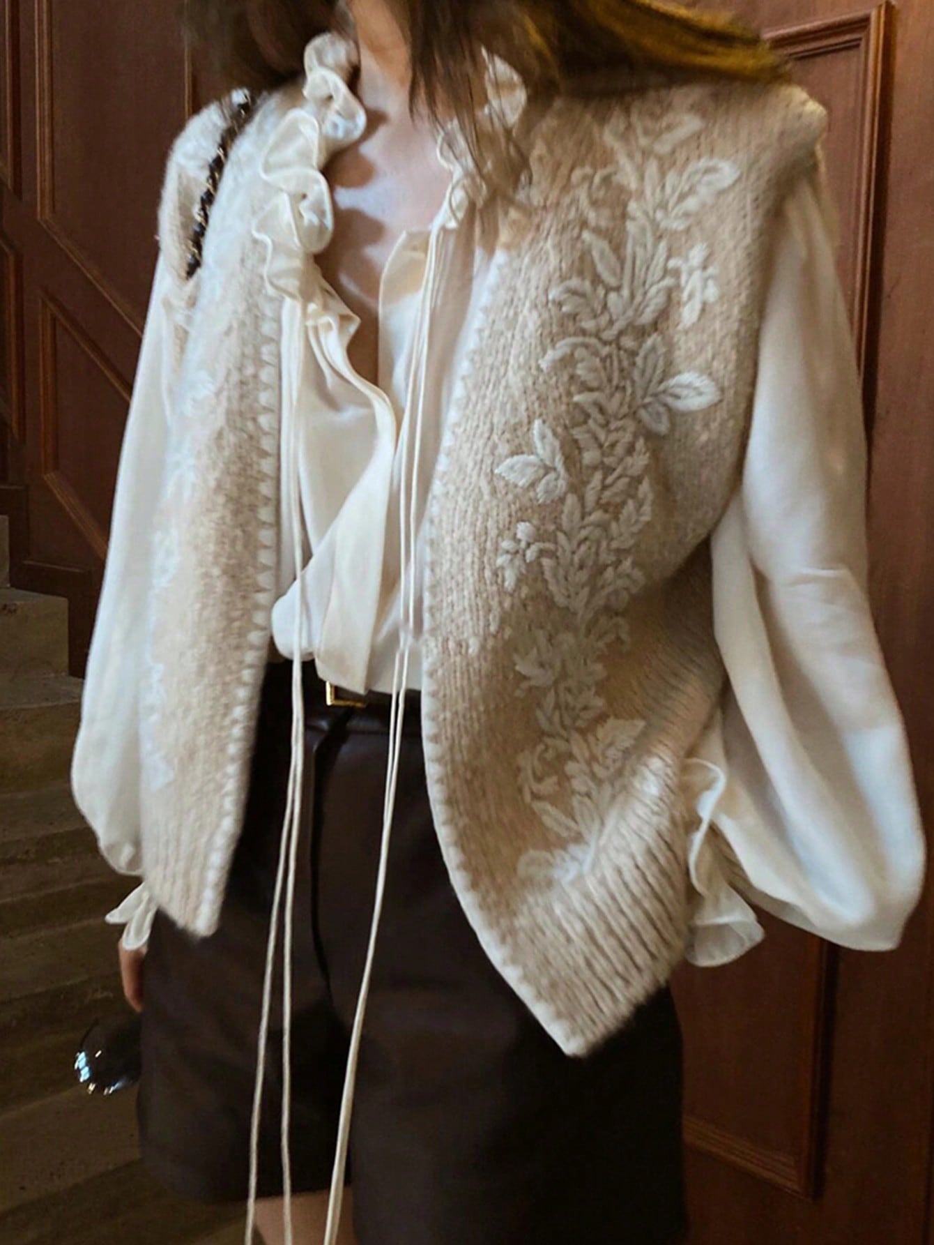 Alicedudu Gilet tricoté à motif floral brodé à la main pour femmes, automne/hiver